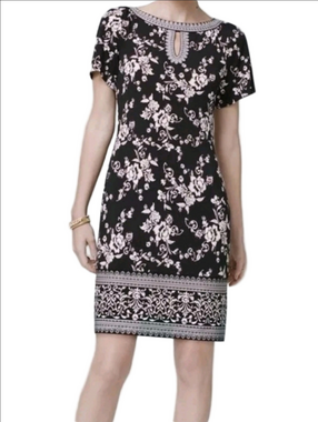 WHBM Black Shift Dress W/ Light Pink Floral Print Keyhole Neckline Short Sleeve